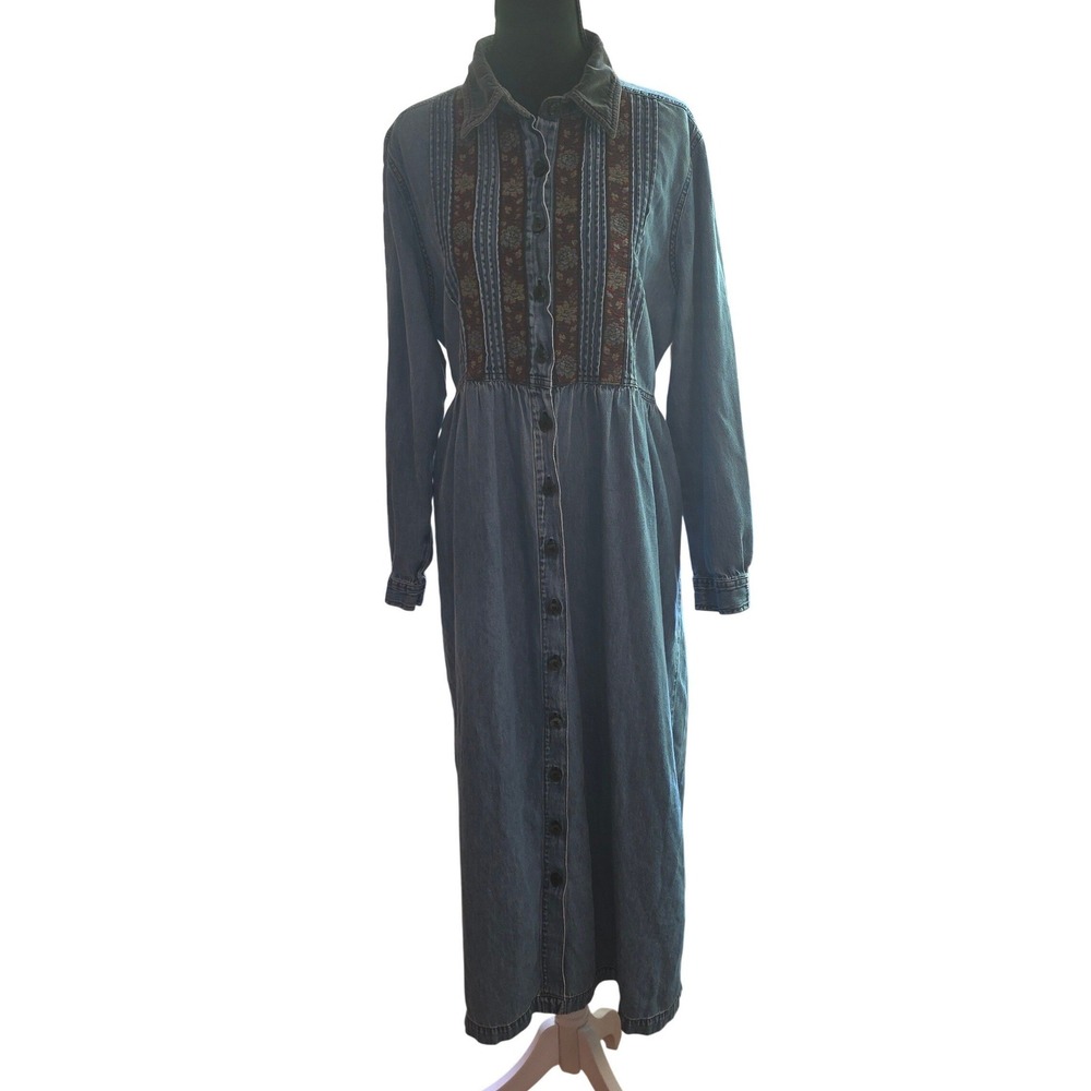 Vintage 90s Erika & Co Denim Midi Shirt Dress L Western Prairie Boho Button